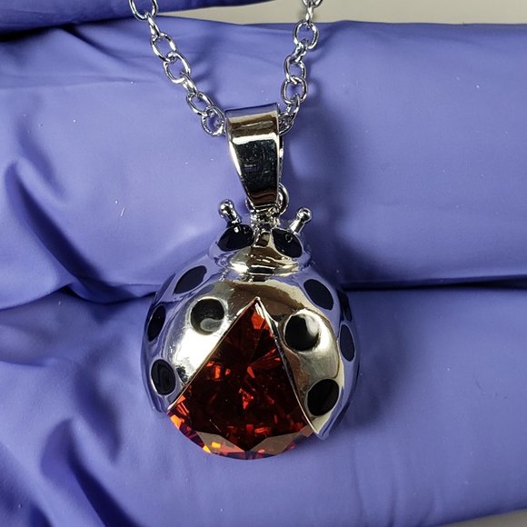 Women Sterling Silver overlay Red Ruby Stone Swarovski Crystal Ladybug Necklace - Picture 6 of 10